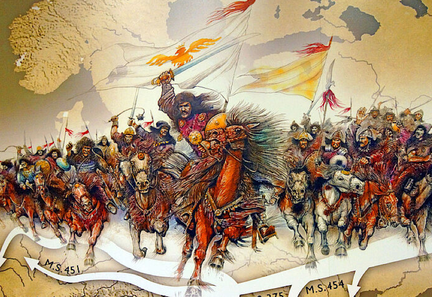Artistic interpretation of Attila leading mounted Huns across Europe